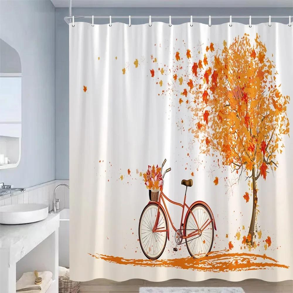 Farm Pumpkin Sunflower Shower Curtains Maple Leaves Cat Truck Autumn Scenery Waterproof Fabric Bathroom Curtain Decor With Hooks