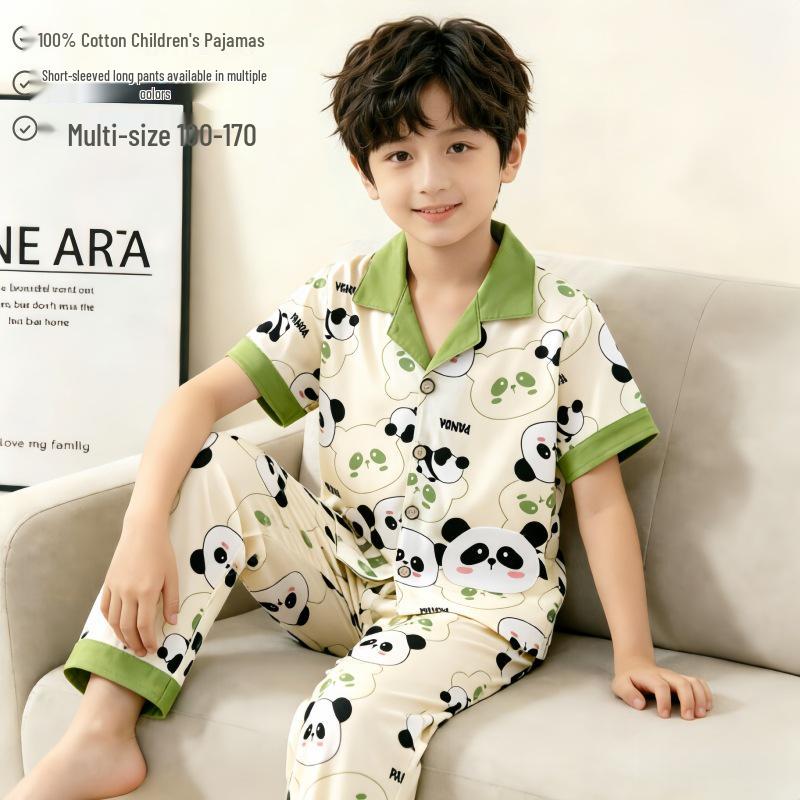 Children's Cartoon Cotton Pajama Set - Short Sleeve, Long Pants for Boys & Girls