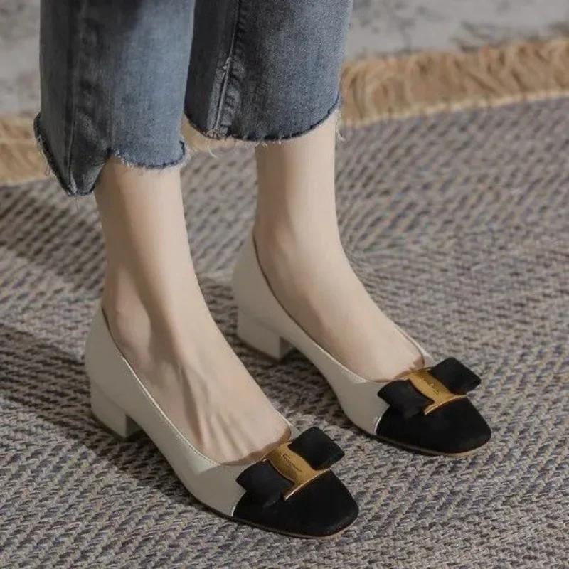 Fashion New Women Shoes Elegant Dress Shoes Patent Leather Slip-On Boat Shoes Square Toe Women's Shoe Bow Tie