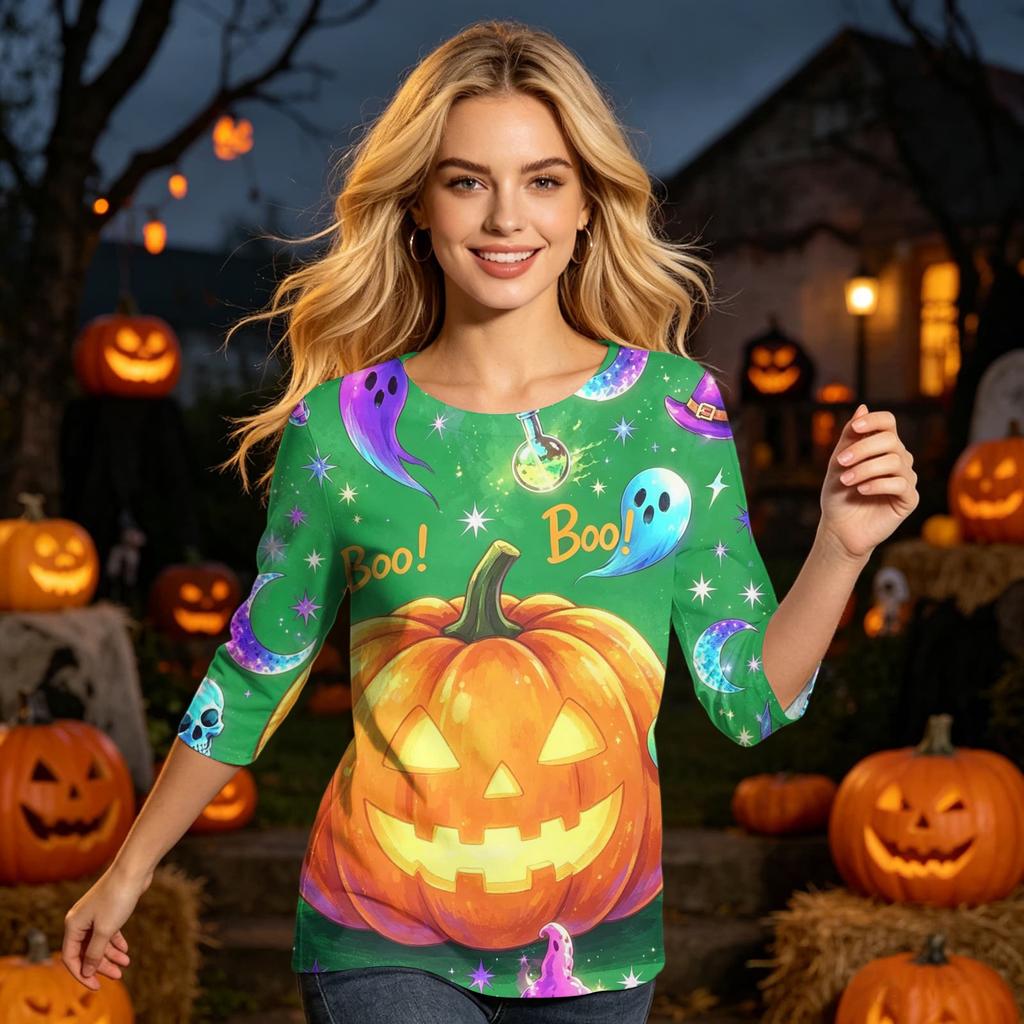 Women's Casual 3/4 Sleeve Halloween Print Pullover Shirt Round Neck Top Lightweight Soft Fabric Comfortable Fit