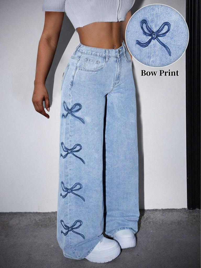High-Waisted Butterfly Print Casual Jeans