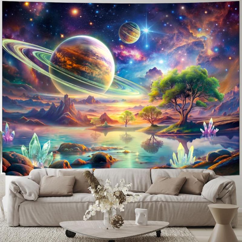 Galaxy Planet Tapestry Blacklight Space Wall Hanging Trippy Nature Crystal Aesthetic Bedroom Home Decor Art