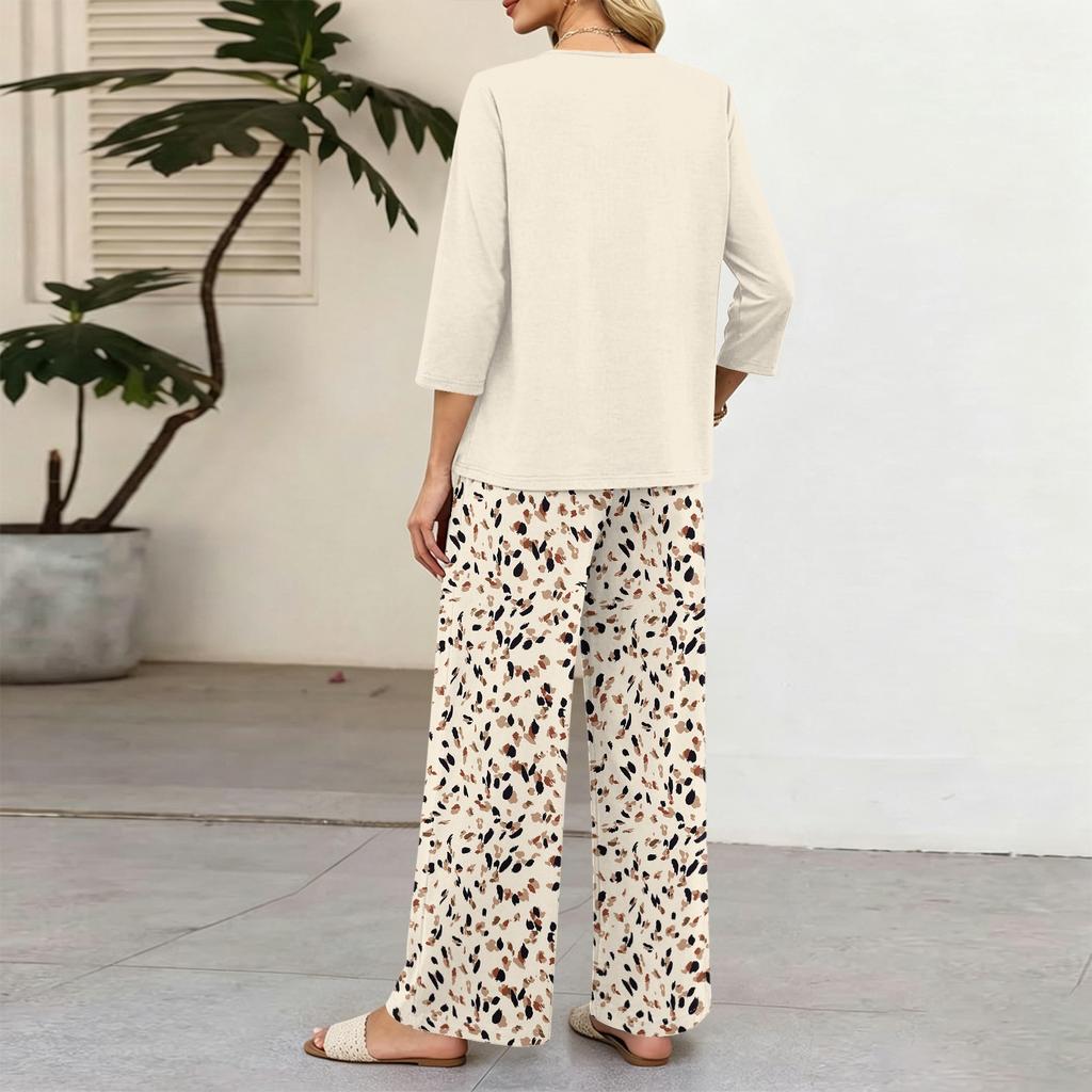 Women Casual Button Front Top with Three Quarter Sleeves and Printed Wide Leg Pants Two Piece Set Lightweight Comfortable Outfit