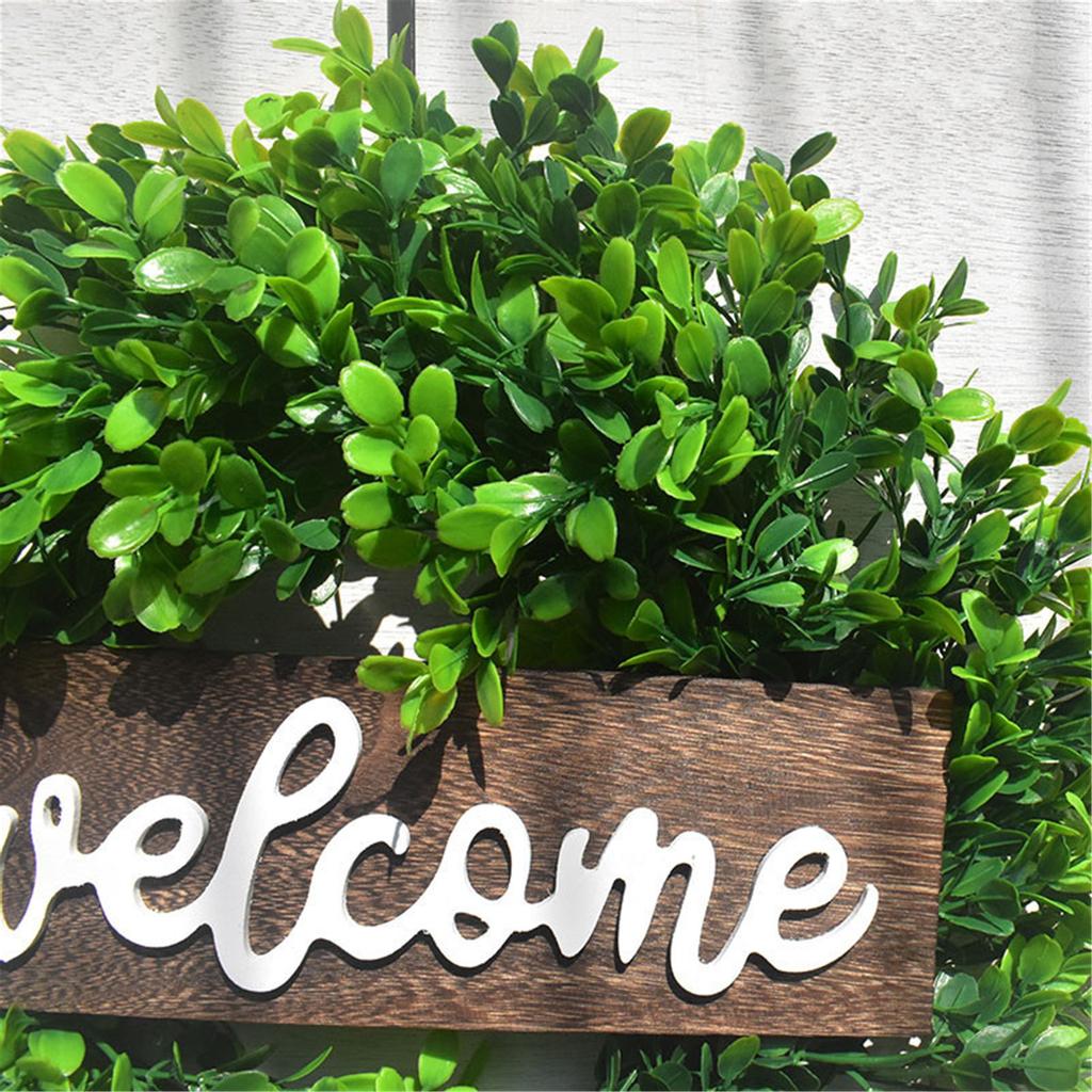 Simulation Wreath Welcome Door Decoration Green Wreath Wooden Sign Pendant