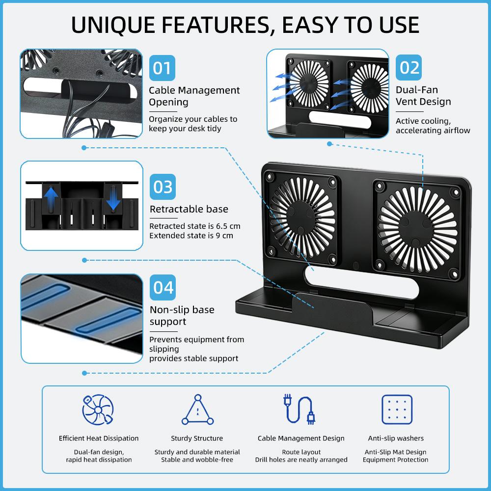 L-Shaped Dual 8cm Fan Cooler Bracket ABS Fan Stand Max 8.2cm Width Fit Retractable Base For Modem Router TV Box Switch Dock Pad