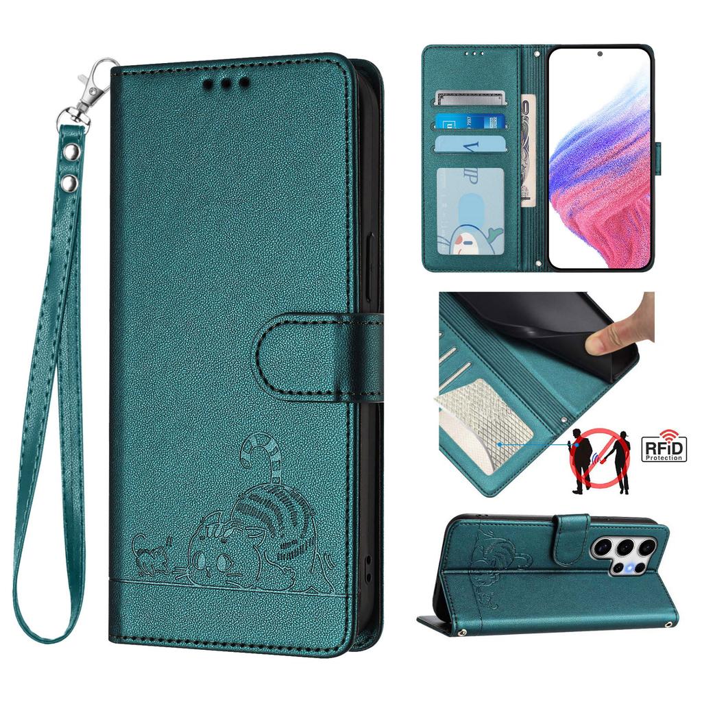 For Samsung Galaxy S25 Ultra Case with Strap RFID Blocking Leather Wallet Phone Cover Cat Mouse Pattern