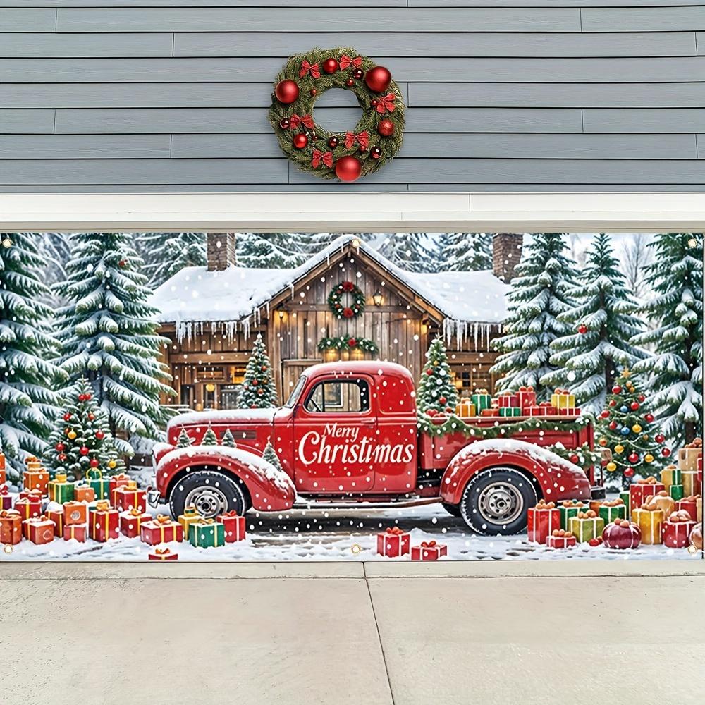 1pc Holiday Polyester Christmas Garage Door Cover Banner - Red Truck and Cabin Design  Multi-purpose Outdoor Flag