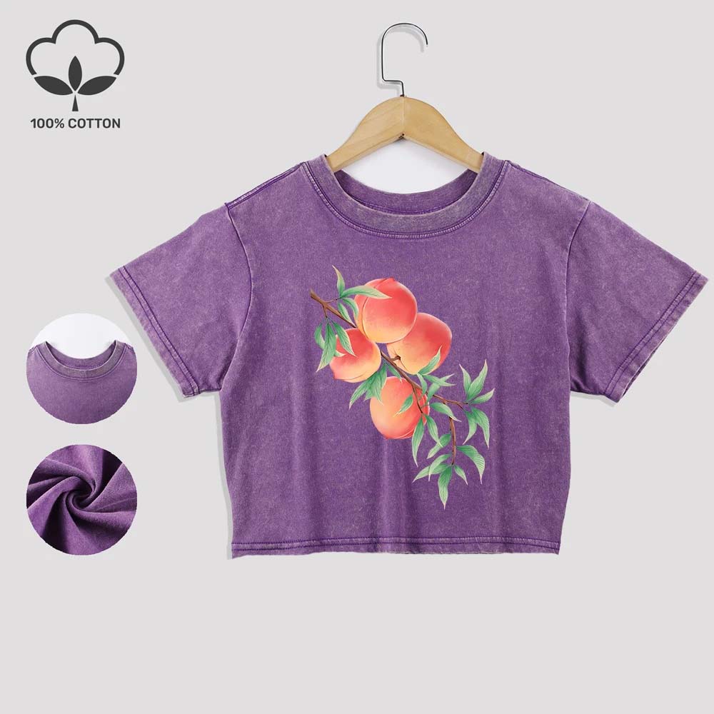 Fresh Peaches Prints Cotton Washed T-Shirts All-Math Summer Lace Hem Crop Tops Distressed O-Neck Short Sleeve Casual Clothes