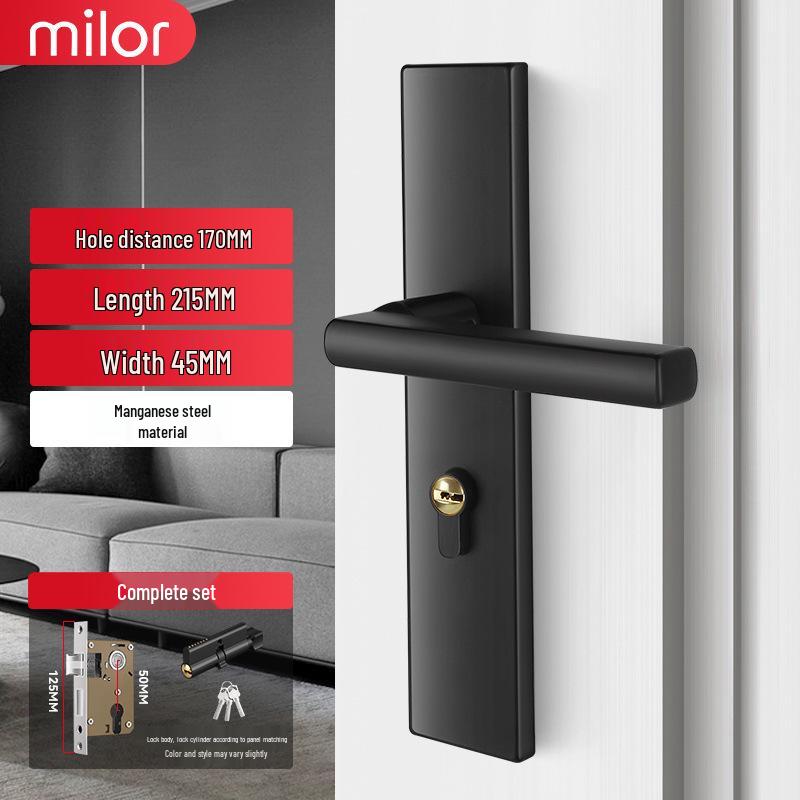 Universal Interior Door Lock Set: Silent Three-Piece Black Handle for Bedroom or Old Door Replacement