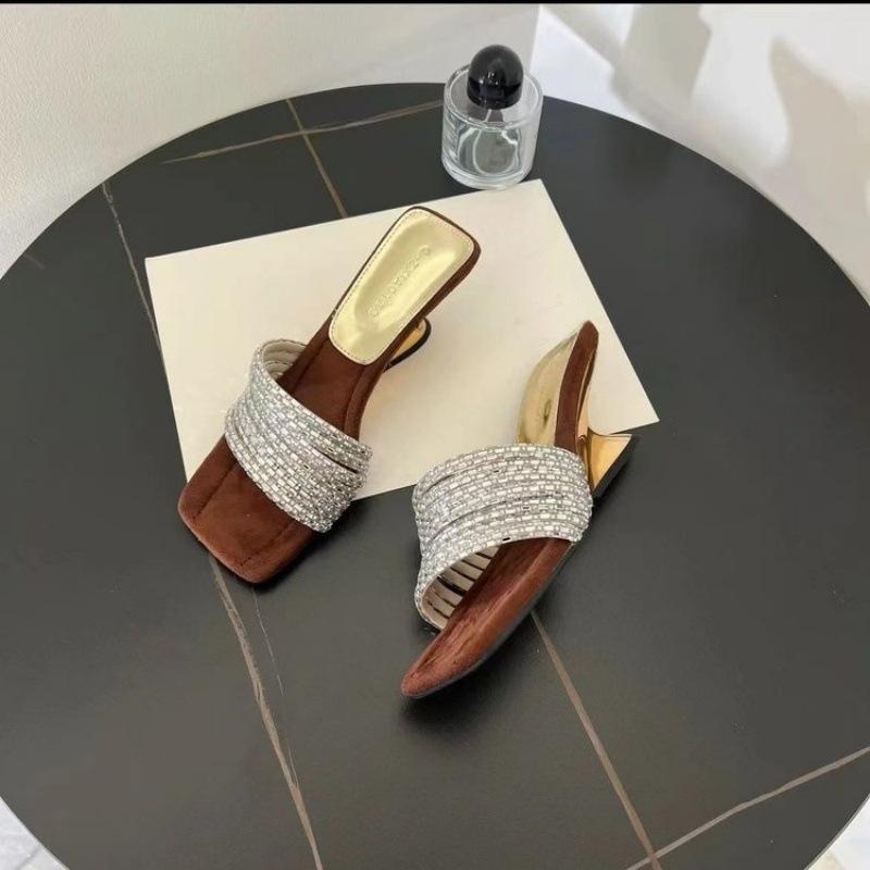 French Beautiful One-Word Sandals, Rhinestones With Suede Temperament, High-Heeled Cool Slippers [Non-Imported] 34 золотой