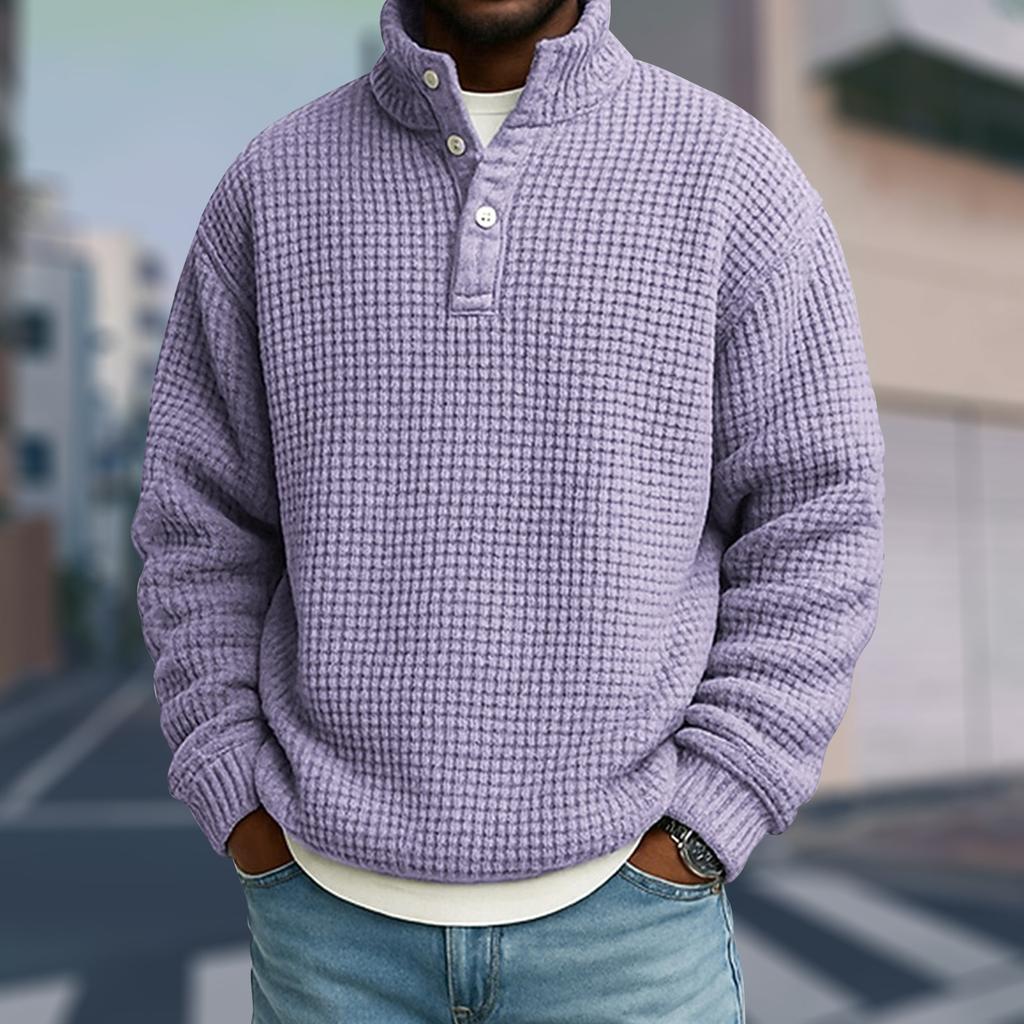 Men's Casual Stand-Up Collar Long-Sleeve Top Color Button-Down Sweatshirt