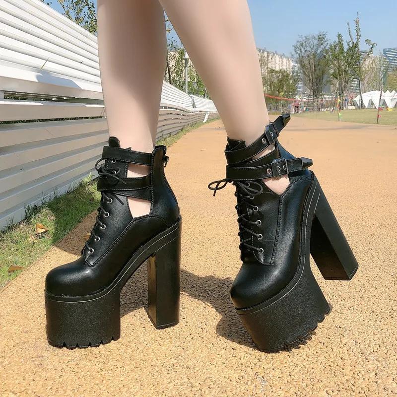 Mode 15CM Frühling Herbst Mode Damen Stiefel Hohe Absätze Plateau Schnalle Schnürung Leder Kurze Stiefeletten Schwarz Damenschuhe Aktion