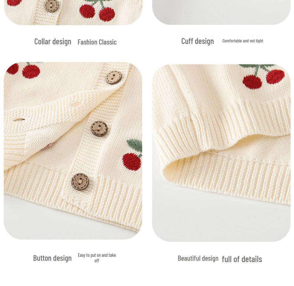 Frühling/Herbst 2025 Baby Kirsche Strick Strampler Set - Niedliches Baumwoll Latzhose Bubble Outfit