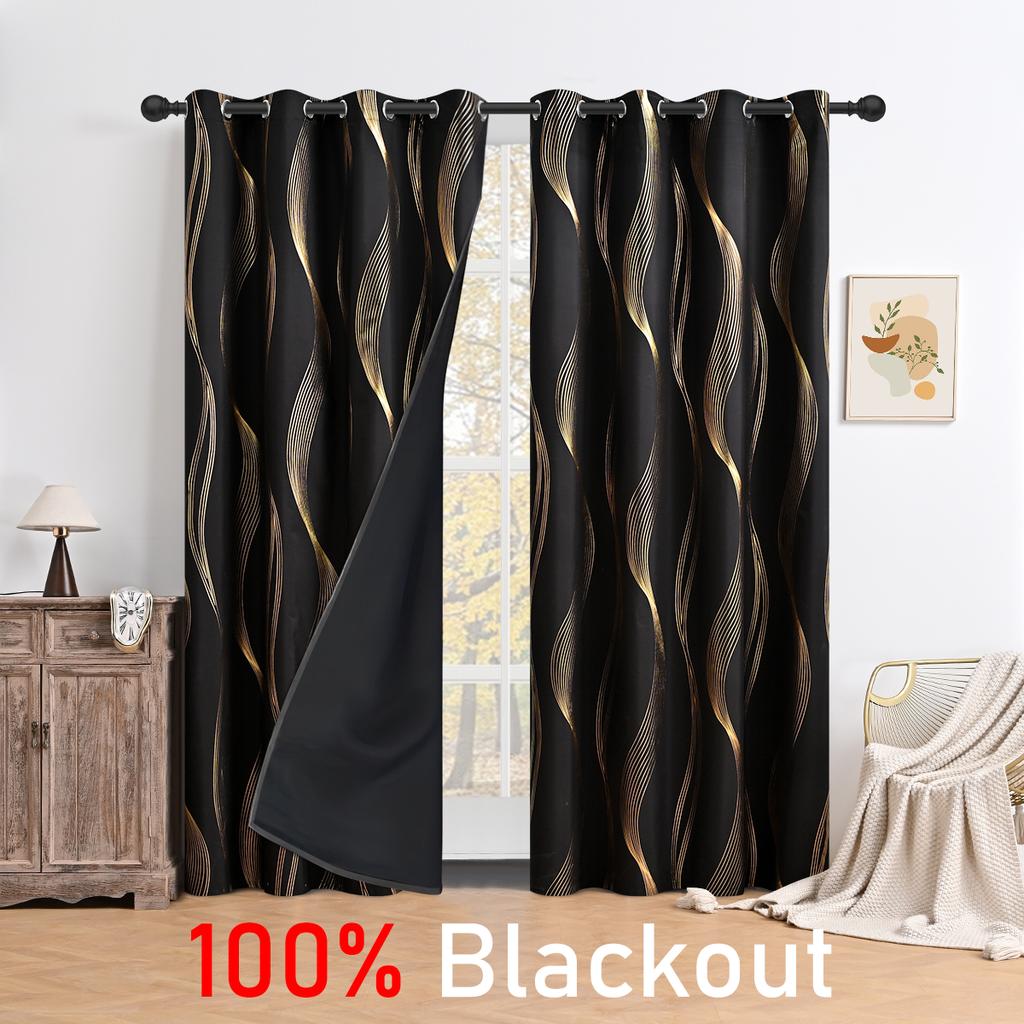 1Panel 100% Blackout Hot Stamping Wave Pattern Perforated Curtain   Window Curtains For Living Room   Hotel Bedrooms   Home Decor