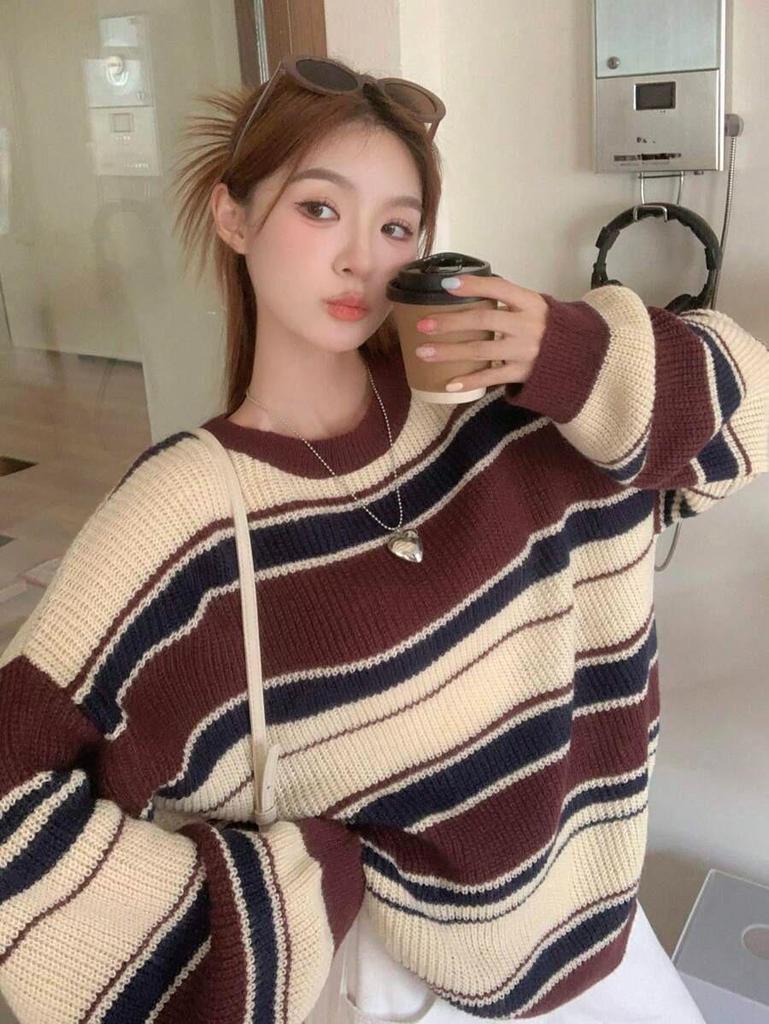 Women's Winter Retro Striped Sweater - Color Block Round Neck Pullover, Casual Loose Knitwear