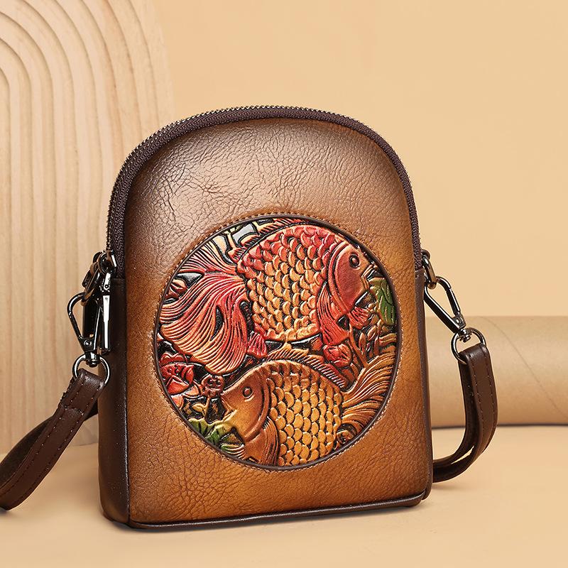 Koi Embossed Printing Ethnic Style Large Capacity Lightweight Multi Clip Premium Texture Shoulder Bag - Modern Women Crossbody Bags