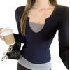 American New Retro Fake Two-piece Long-sleeved T-shirt Women's Spring and Autumn Design Sense Splicing Contrasting Color Slim-fitting
