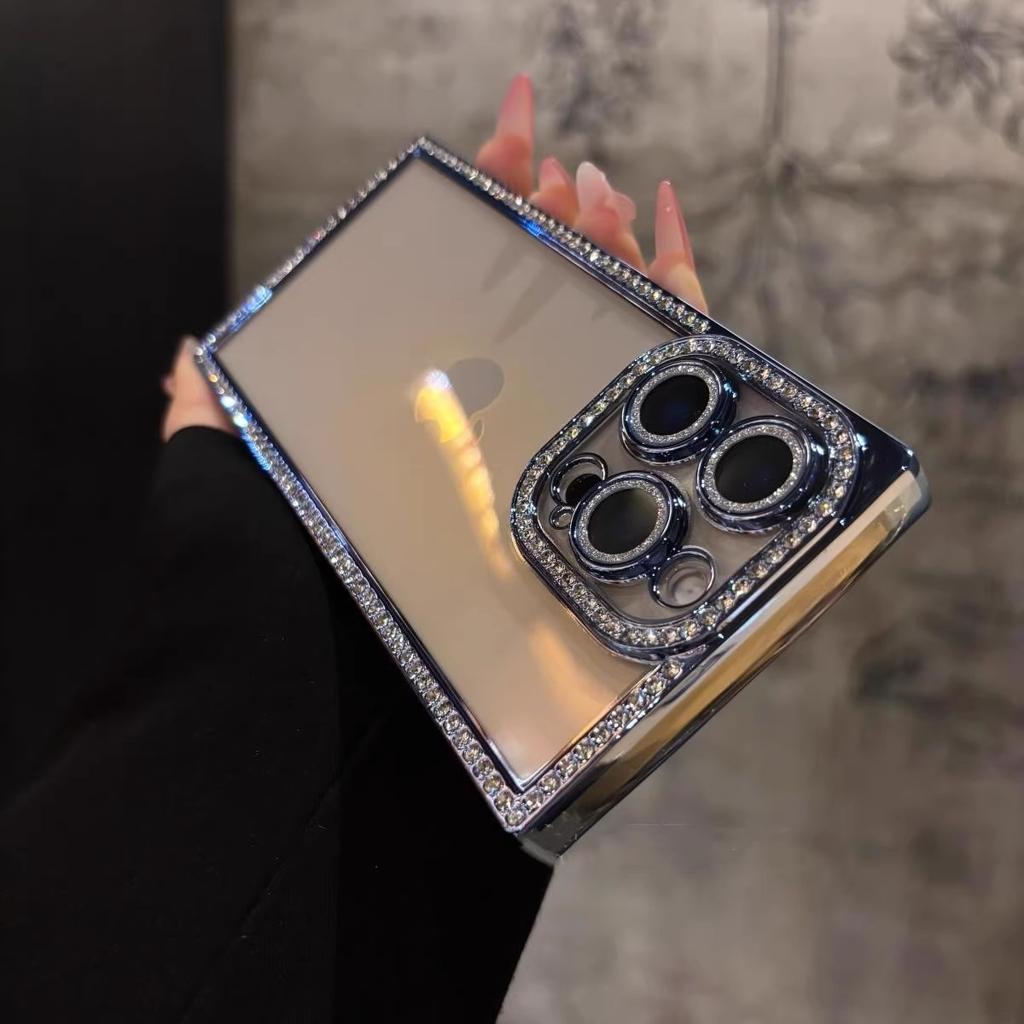 Luxury Plating Diamond Rhinestone Case for iPhone 16 15 14 Plus 13 Pro Max Bling Glitter Square Soft Clear Silicone Bumper Cover