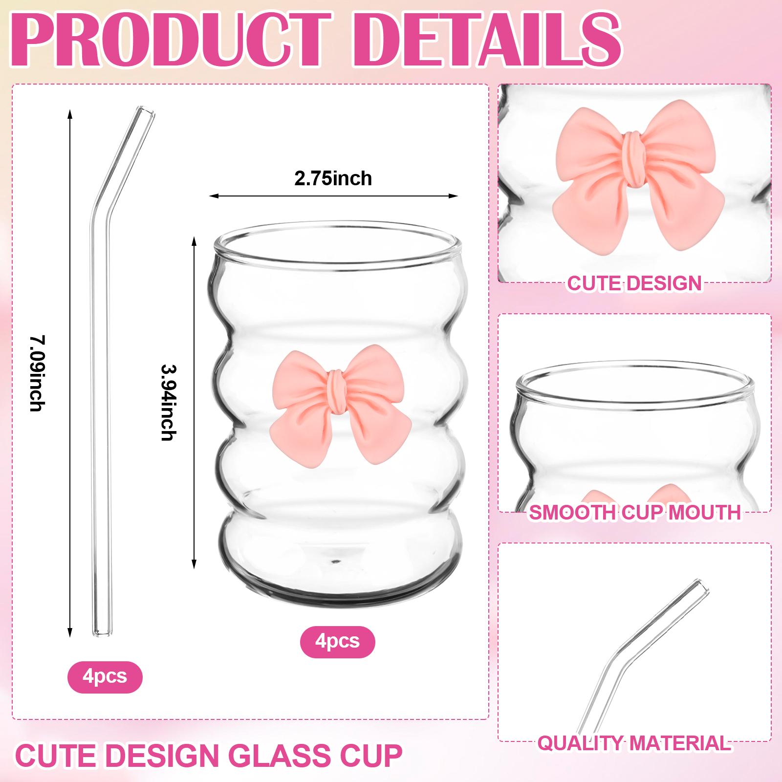 

4 Pack 12 Oz Pink Bow Glass Cup With Straws Iced Coffee Cups Ripple Glass Drinking Tea Juice Cup Water Glasses Tumblers Bows Ins 1 чистый