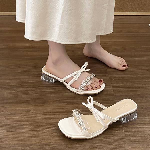 Fashion Shoes Ladies' Slippers Glitter Slides Med Square Heel Butterfly-Knot Fashion Jelly Block Luxury Butterfly-knot Crystal Med Glitt