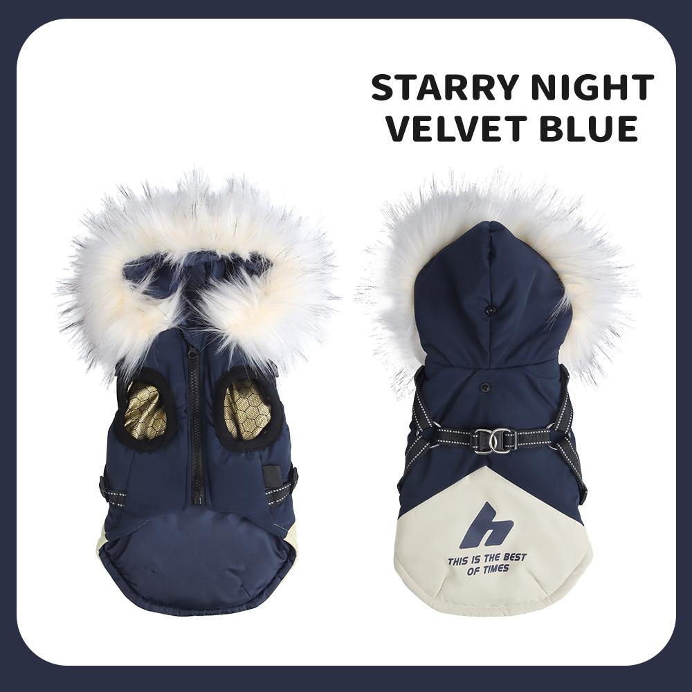 

Новый пуховик для собак мелких и средних пород - С капюшоном и меховой отделкой, ветрозащитный, с графеновым подогревом, зимнее пальто с отверстием для поводка L синий