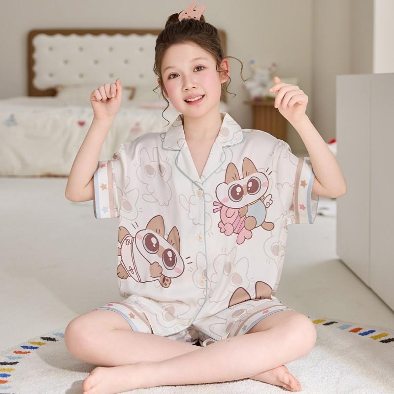Girls Ice Silk Pajama Set Short Sleeve Cartoon Print Sleepwear Kids 8 Years