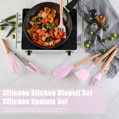 12Pcs Silicone Cooking Utensils Set Wooden Handles Spatula Set Heat Resistant Turners