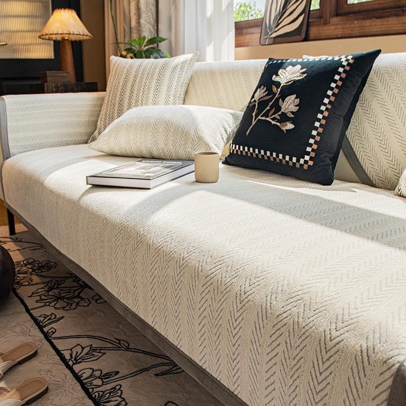 All-Season French & Medieval Style Non-Slip Fishbone Sofa Cushion Cover in Straight-Row Design
