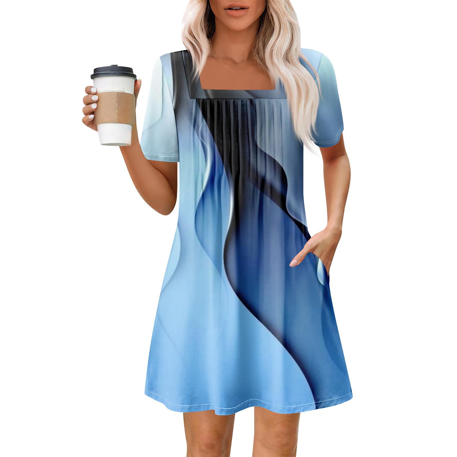 

Женские летние повседневные платья с квадратным вырезом, плиссировкой спереди и карманом, с короткими рукавами и принтом XXXL