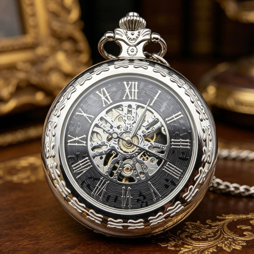 European-Style Carved Hollow Mechanical Pocket Watch, Classic Roman Scale Manual Mechanical Pocket Watch, Student And Elderly Gift Watch