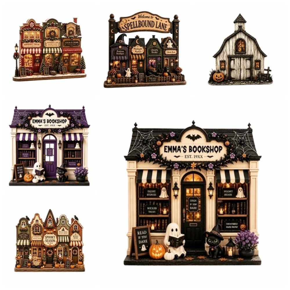 Wooden Halloween Ornaments Pumpkin Reading Theme Sign Haunted House Village Ornament Farmhouse