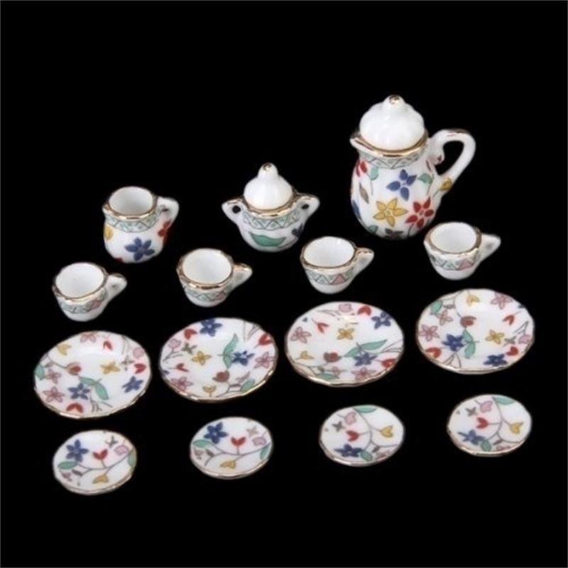 15 Piece Miniature Dollhouse Dinnerware Porcelain Tea Set   Plate Colorful Floral Print Miniature Ceramic Tea Set Teacup