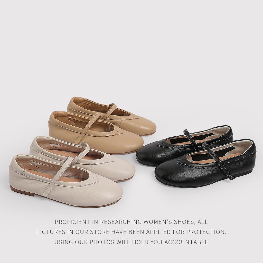 The First Layer Of Cowhide - Round Head, Shallow Mouth, Flat Bottom, One-Word Buckle, Mary Jane Shoes, Ballet Shoes, Fashion Shoes