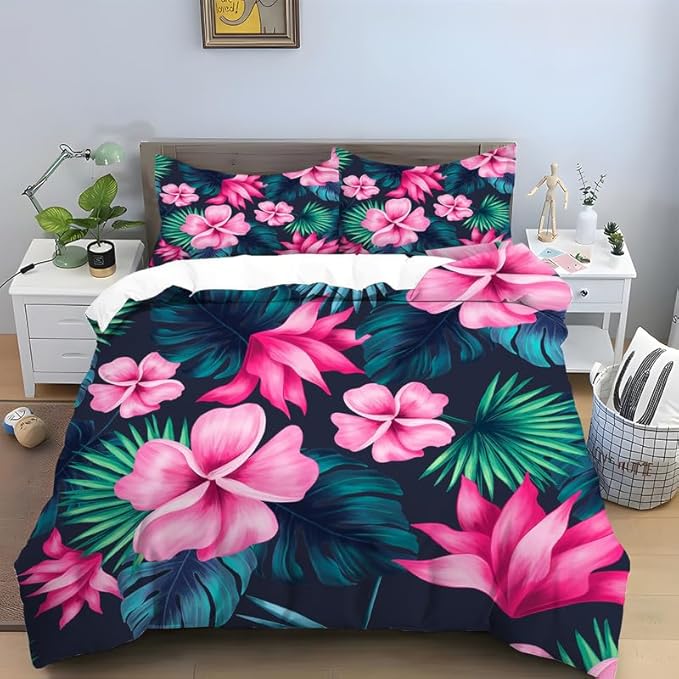 Hibiscus Duvet Cover Twin Colorful Rose Of Sharon Bedding Set,Botanical Floral Comforter Cover Tropical Palm Leaves Quilt Cover
