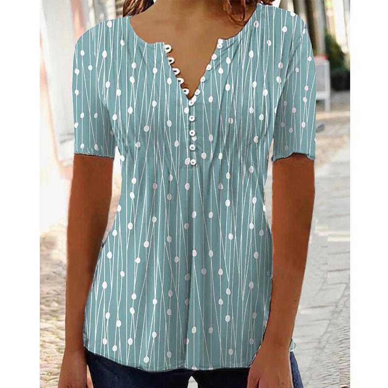 Chemise à manches courtes imprimée à col en V pour femmes, Blouses décontractées