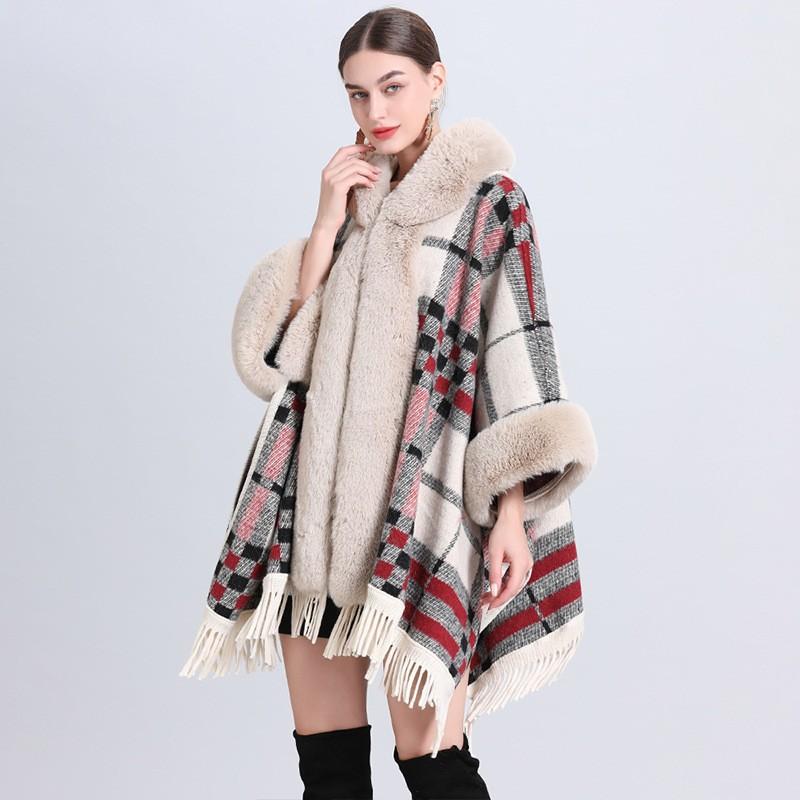 Womens Oversized Plaid Knit Cape Shawl With Fleece Lining Fur Trim Hooded Wrap Coat Winter