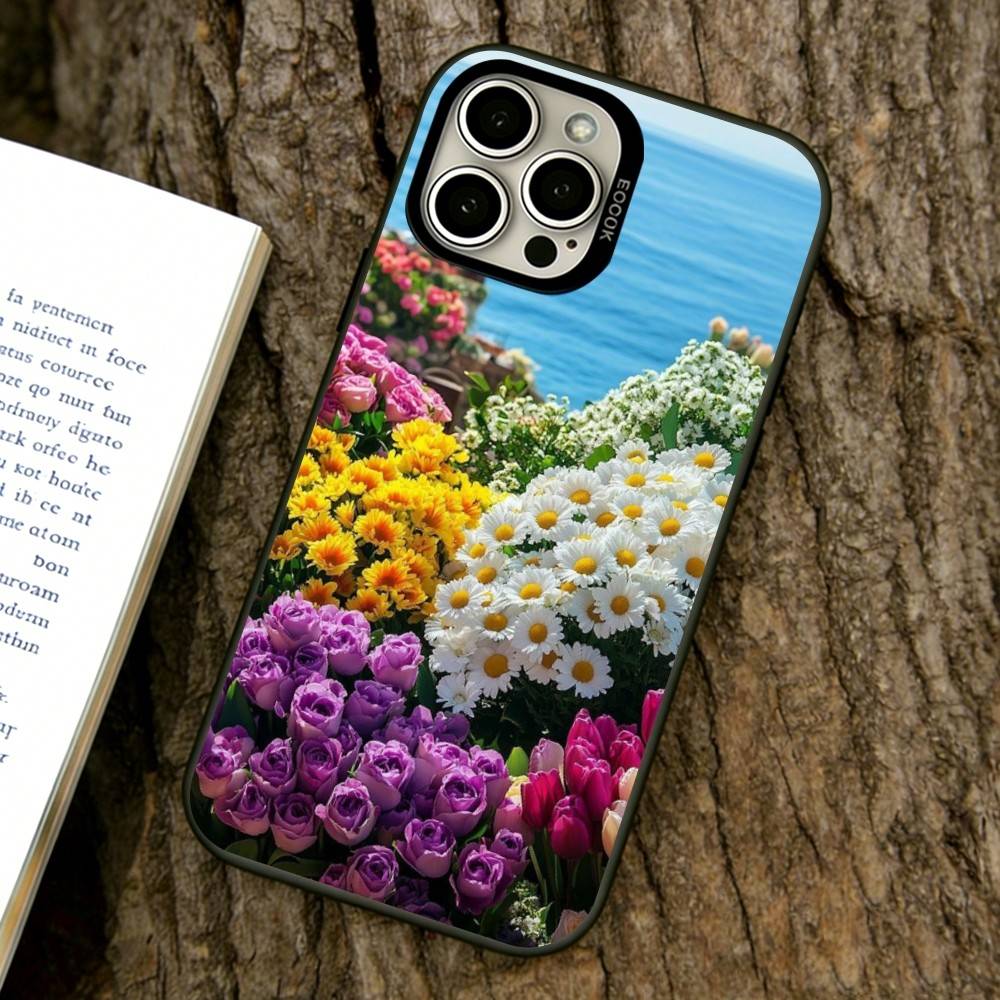 Flower Sea Phone Case For iPhone 17,16,15,14,13,12,11 Plus,Pro Max,XS,Colored Silver Plated Inside Cover
