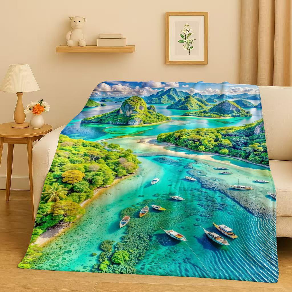 3D Beautiful Natural Scenery Sea Sky Tree Flannel Blanket,Ultra Soft Warm Plush Throw for Home Bedroom Bed Sofa Cover Kids Gift