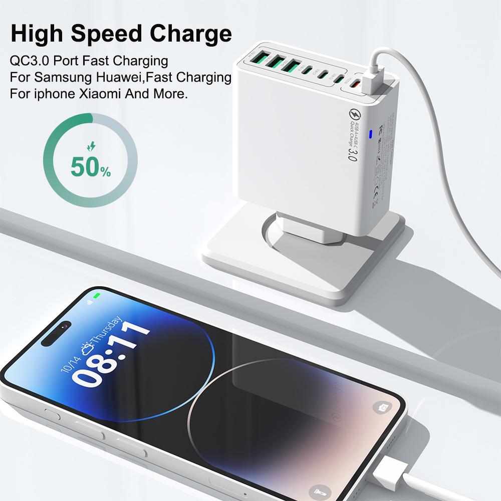Fast 8-Port Charger: 4 USB, 4 PD, 55W, QC3.0 – Compatible with European, American, Korean Standards