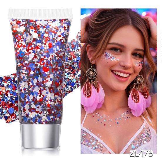 Independence Day Body Glitter Gel, Patriotic Red White Blue Face Hair Glitter, Waterproof Sparkling Makeup Sequins for 4th of July, Holiday Party