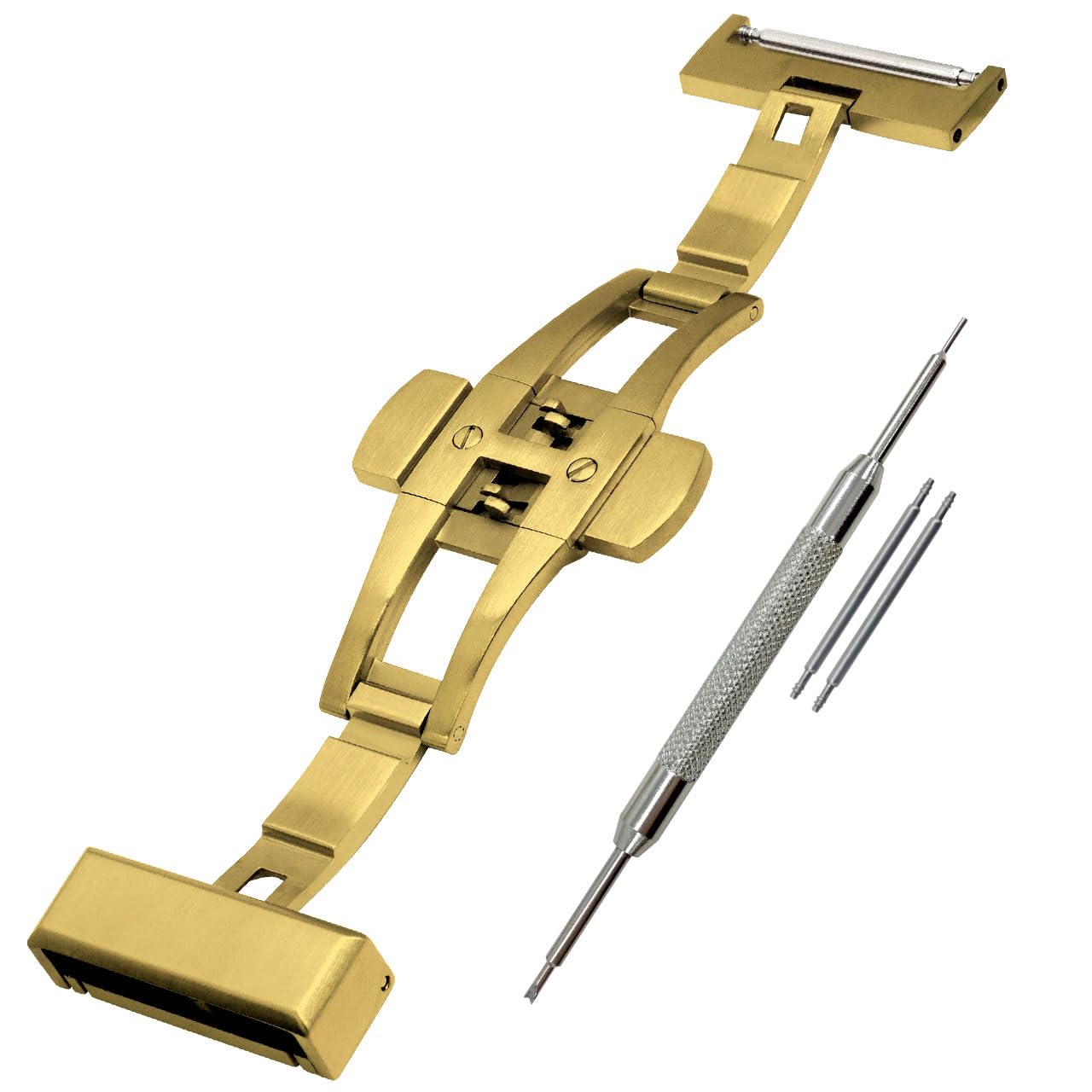 Watch strap, watch band, double-folding push-button D-buckle, PBF RE-BUCKLE buckle, satin finish, stainless steel, CASSIS, 18mm, yellow gold.