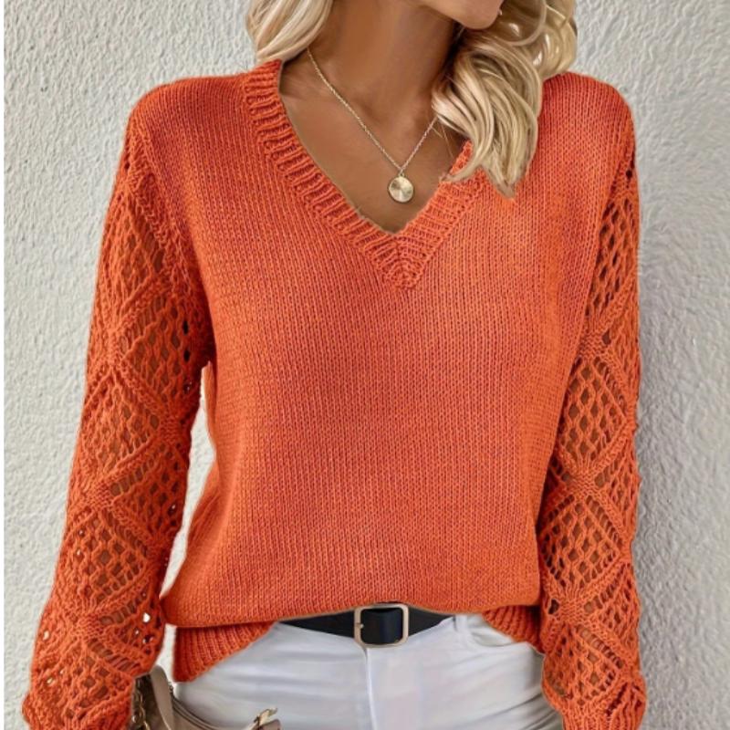 Women's Autumn  Knitted Hollowed-out Long-sleeved V-neck Pullover Sweater