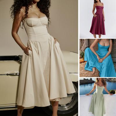Women Dress Low-cut Spaghetti Strap Backless Sleevless French Court Style A-line Big Swing Pure Color Slim