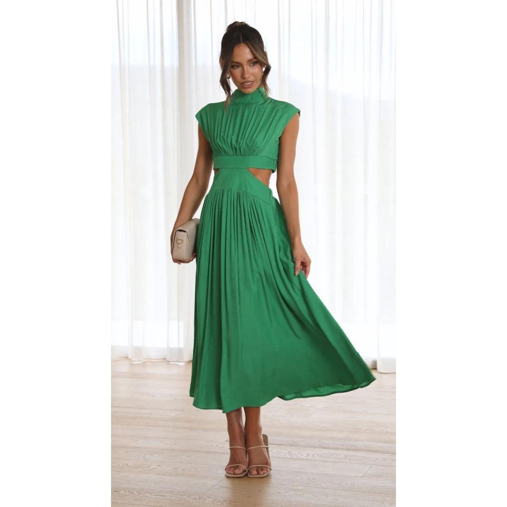 Women's High Neck Sleeveless Midi Dress Loose Cutout Waist Pleated Elegant Casual Solid Color Party Dress