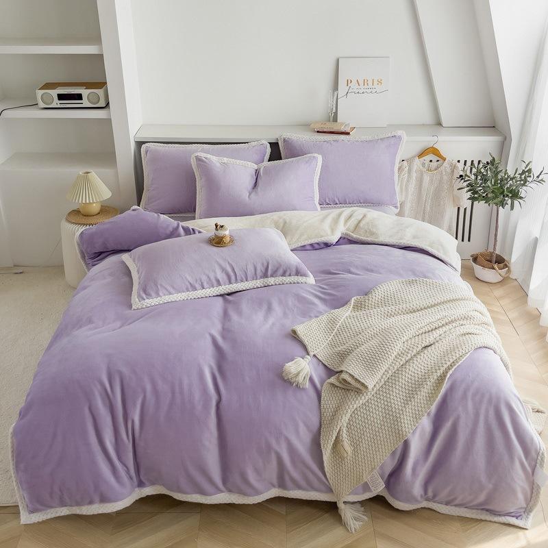 Double-Sided Thickened Milk Fleece Bed Four-Piece Set Of Fleece Lamb Fleece Children'S Quilt Cover Coral Fleece Bed Sheet To Keep Warm