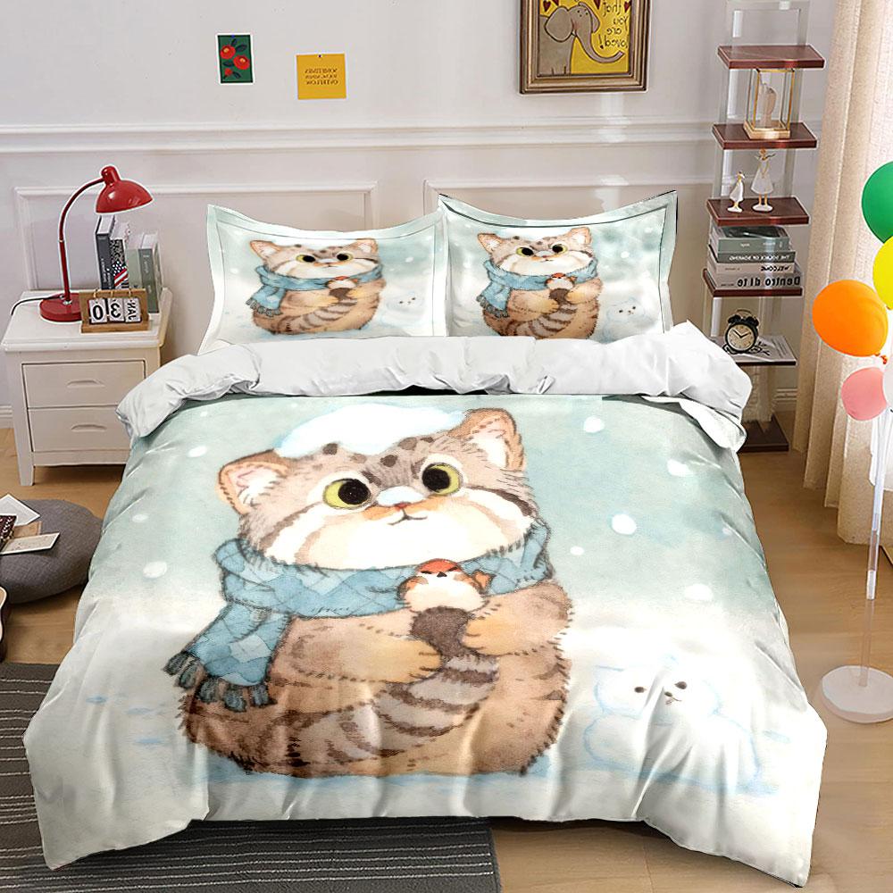 Cute Winter Cat Decoration Set Soft Comfortable Duvet Cover Bedding Set Included 1*Duvet Cover & 2*Pillowcases, Gift