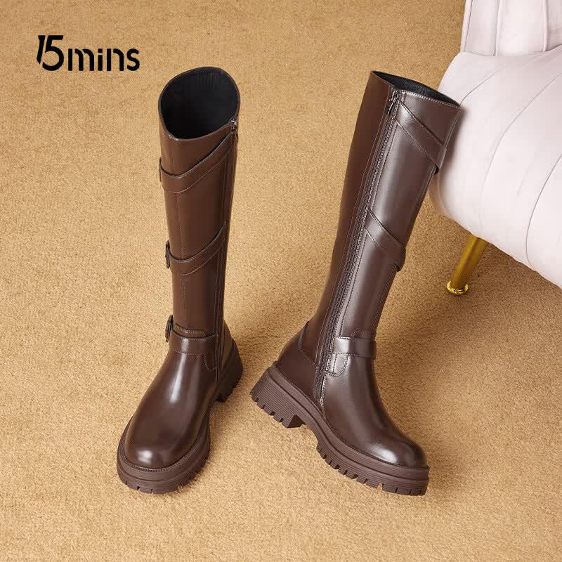 15MINS Women's Winter Warm Block Heel High Boots with Belt Buckle