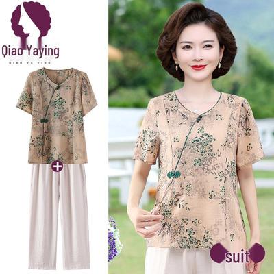 2025 Summer Fashion: Mom’s Wear Short-Sleeve T-Shirt & Stylish Print Blouse Set for Middle-Aged and Elderly Women