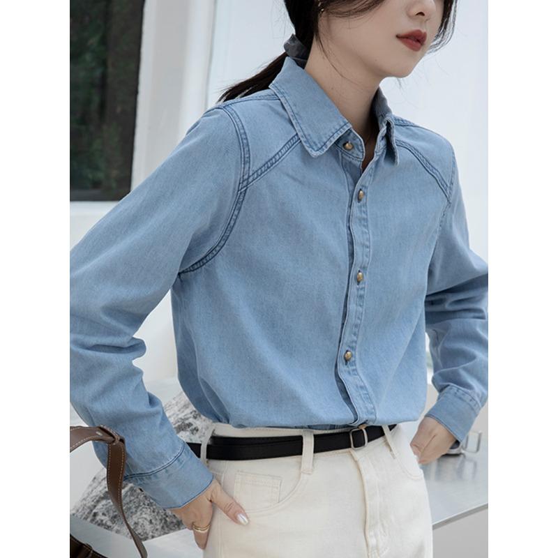 Dark Blue Retro Shoulder Port Soft Denim Shirt for Women To Wear Autumn, Winter and Spring New Small Top