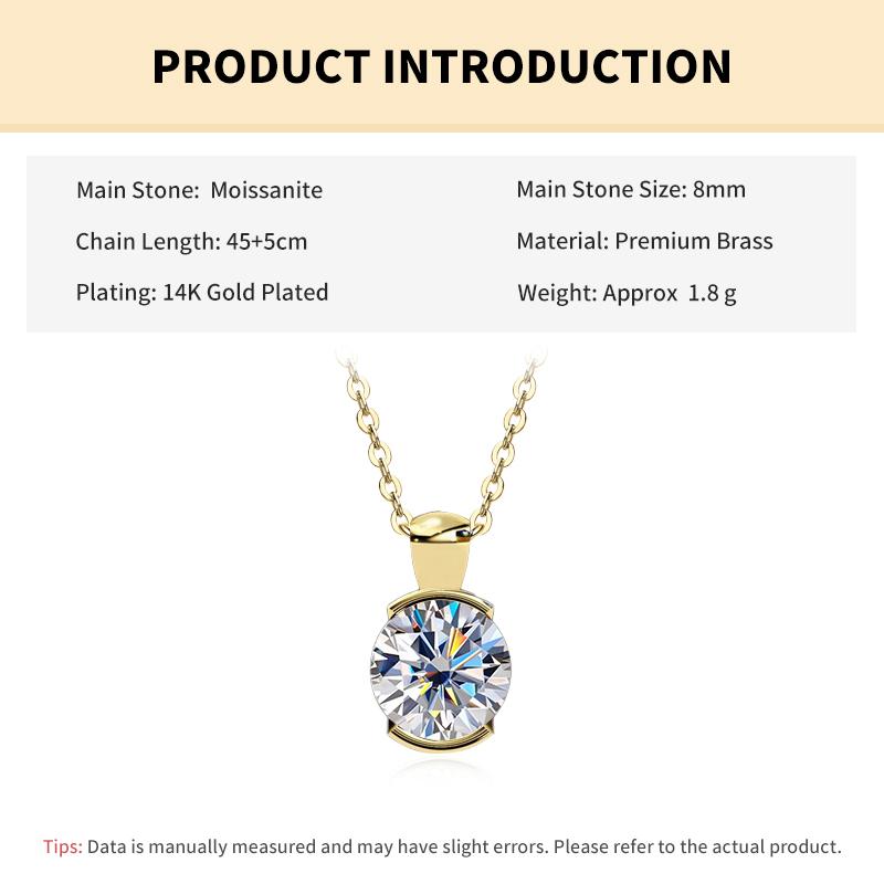 

Rrjzz Solitaire VVS1 D-Color Moissanite Pendant Necklace Women 8mm 2CT GRA Certified Lab Created Diamond Necklace Jewelry Gifts 45-50cm